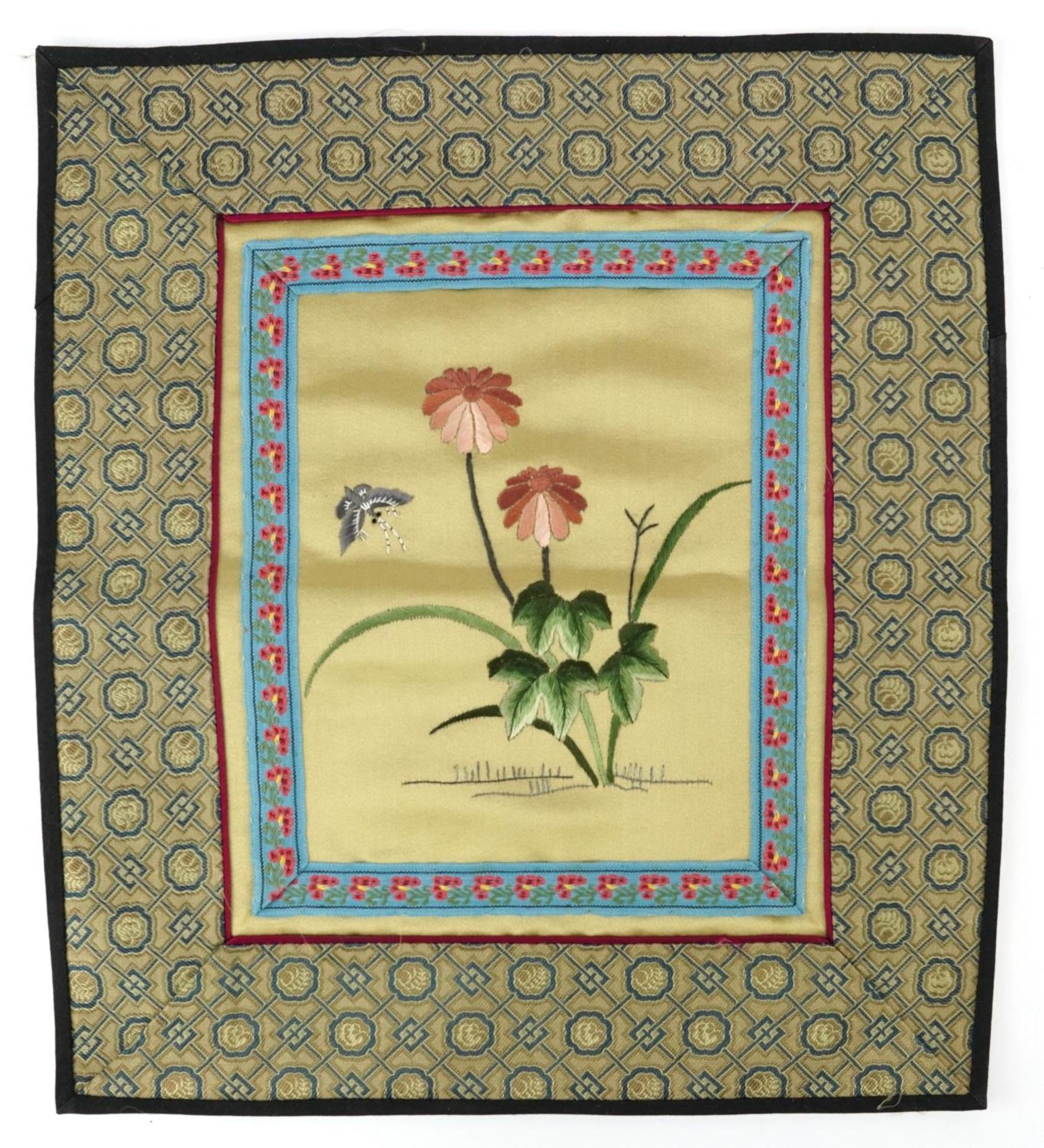 Butterflies and flowers, three Chinese embroidered silk textiles, unframed, 29.5cm x 25.5cm - Image 2 of 9