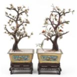 Good pair of Chinese hardstone bonsai trees housed in engraved brass planters with cloisonne