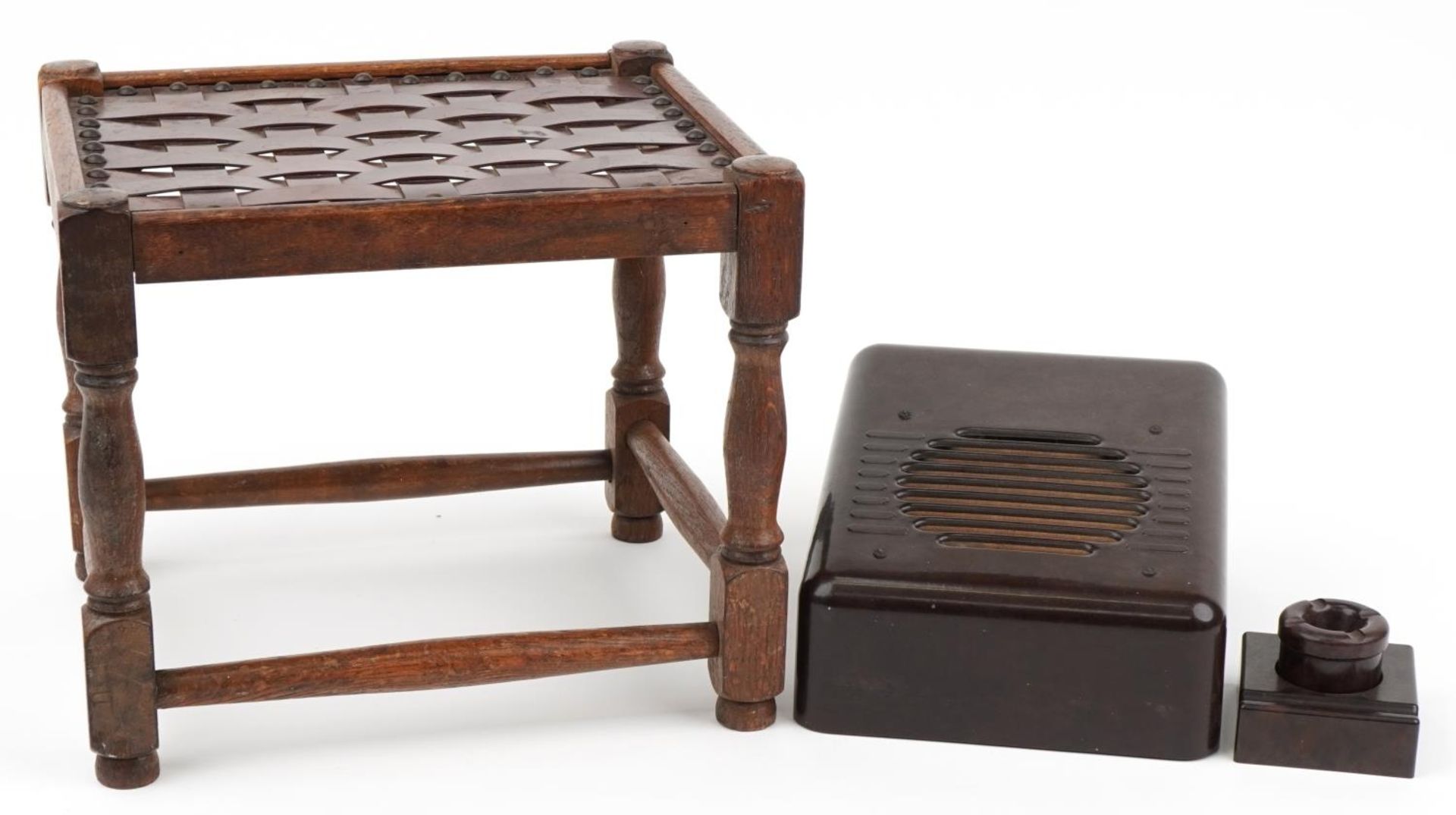 Art Deco brown Bakelite including oak stool with Bakelite seat and speaker, the largest 29.5cm