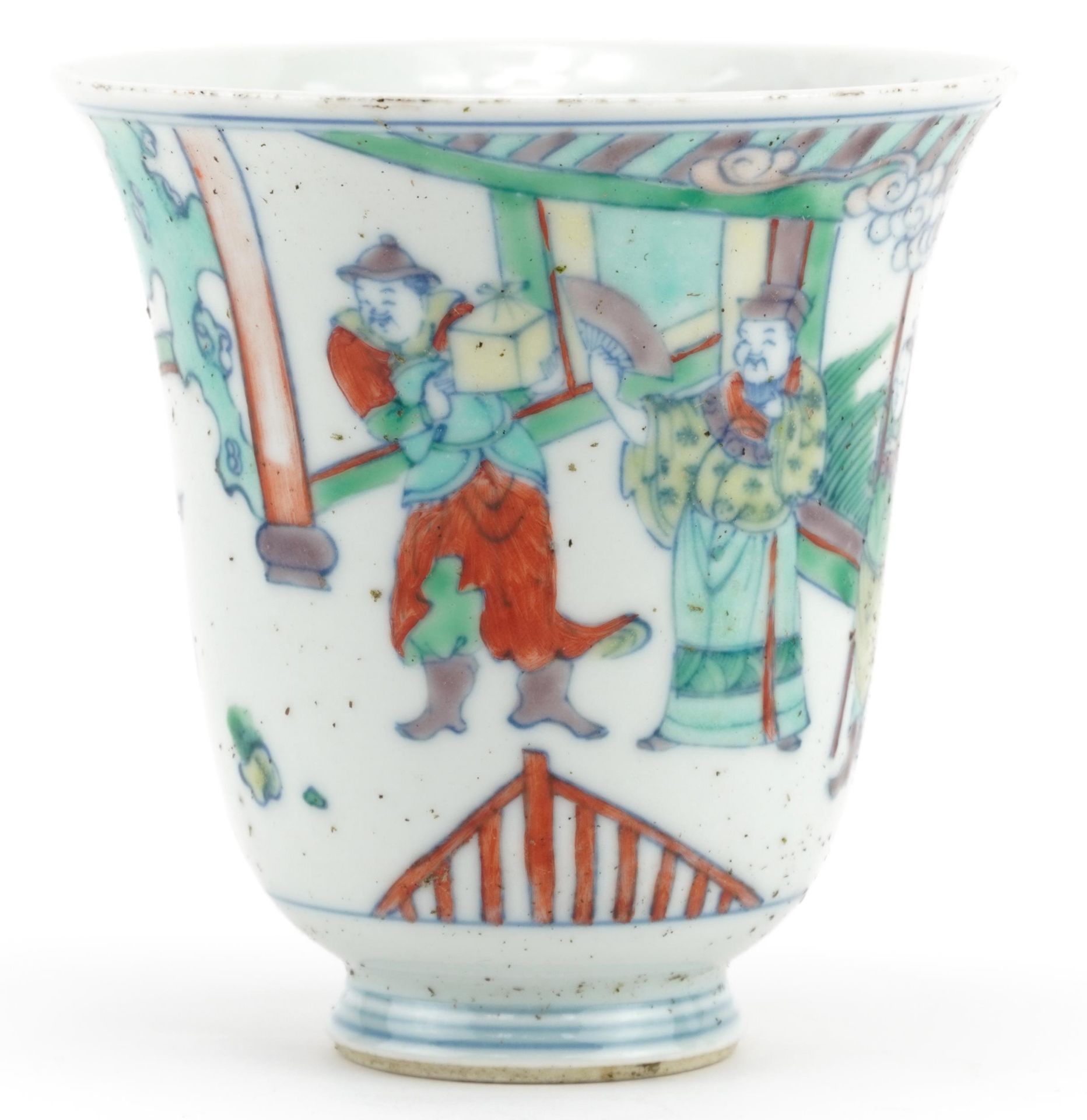 Chinese porcelain doucai cup hand painted with an emperor with attendants in a palace setting, six - Image 2 of 5