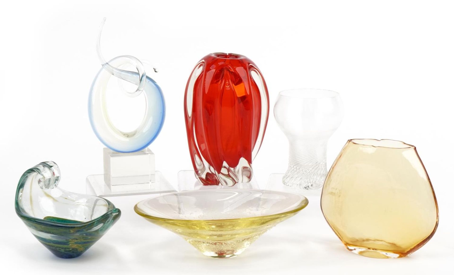 Art glassware including a Murano sculpture with V Nason & C label, the largest 22.5cm high