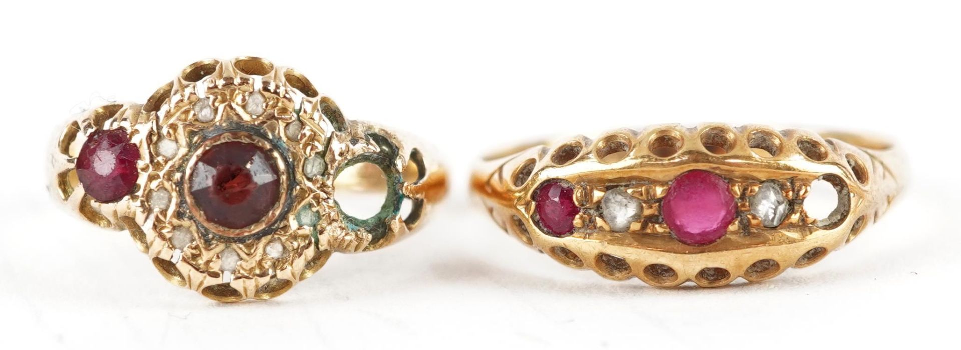 Two Victorian 18ct gold rings including one set with garnets, Birmingham hallmarks, sizes N and Q,