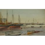 John J Challis - Moored boats, Brixham, 1980s watercolour, details verso, mounted, framed and