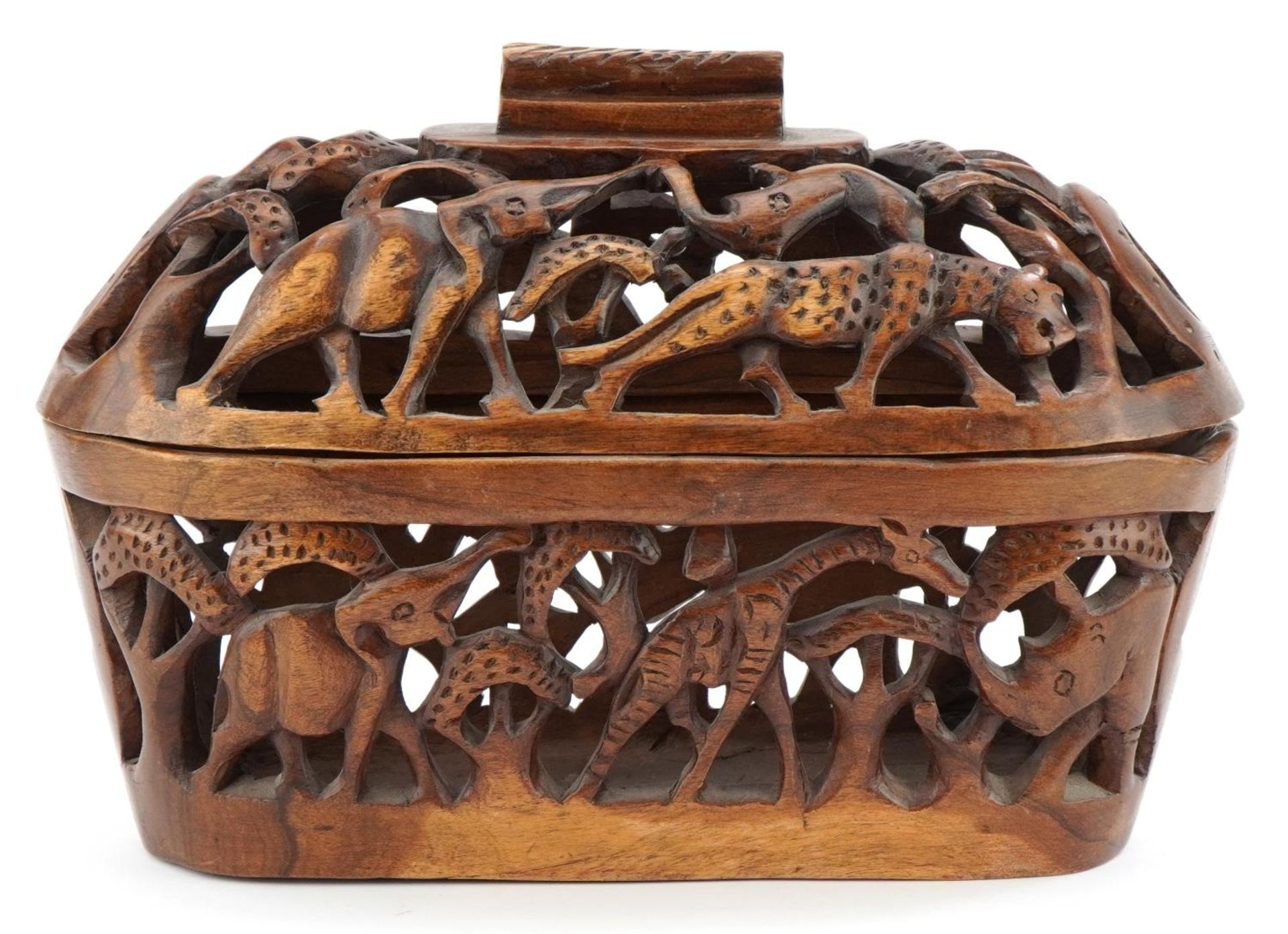 African pierced basket and cover carved with animals - Image 3 of 4