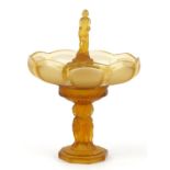 Manner of Walther & Sohne, German Art Deco amber glass figural flower four section centrepiece, 35cm