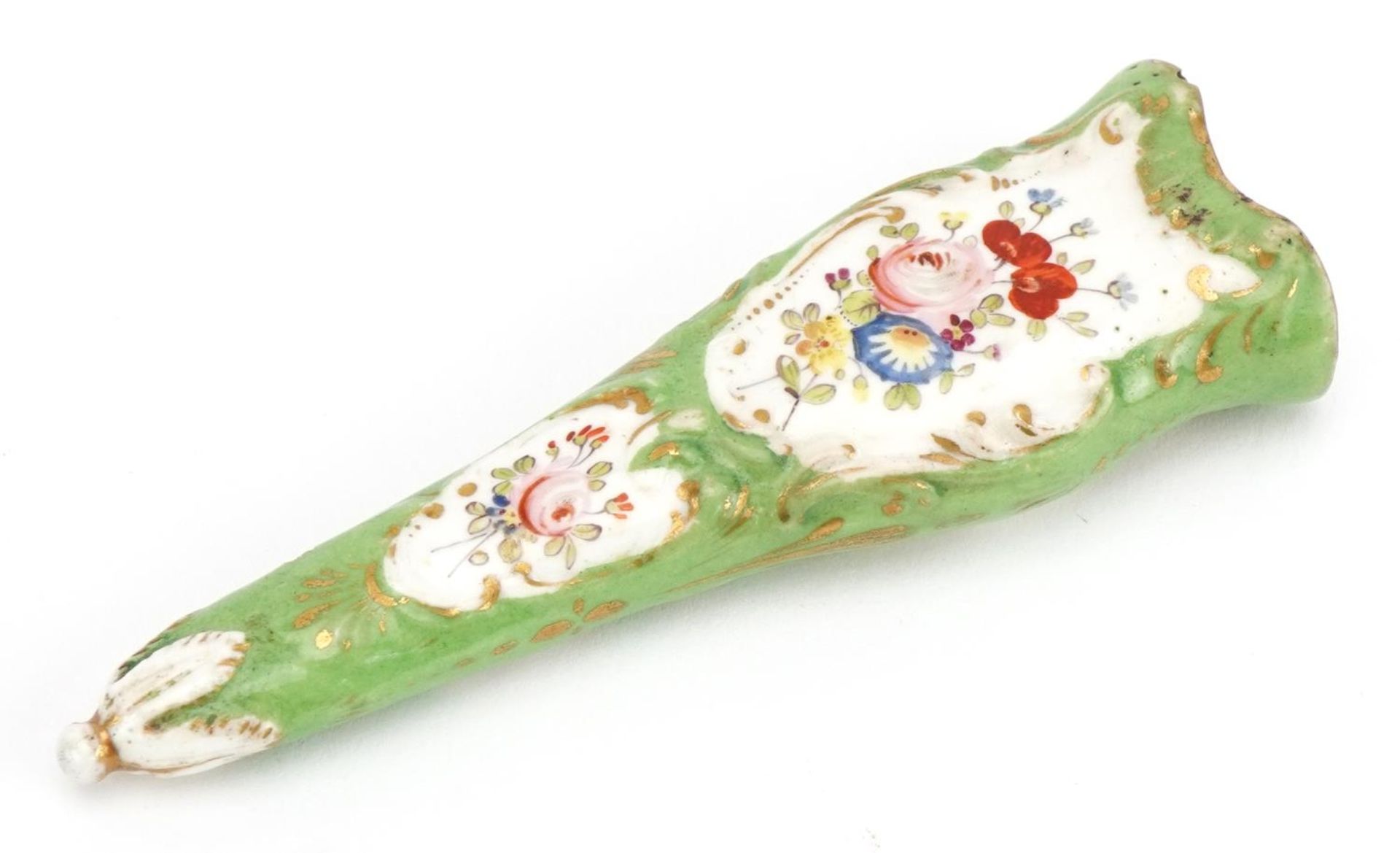 Early 19th century Staffordshire scissor sheath hand painted with pastoral scene and flowers, 9cm in - Bild 2 aus 3