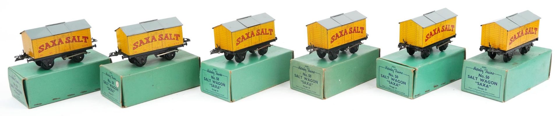 Six Hornby O gauge tinplate model railway no 50 Saxa salt wagons with boxes