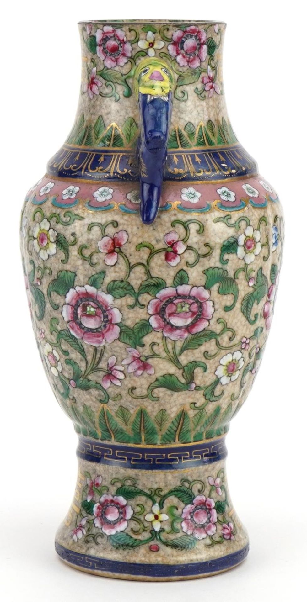 Chinese porcelain vase with animalia twin handles hand painted in the famille rose palette with - Image 5 of 7