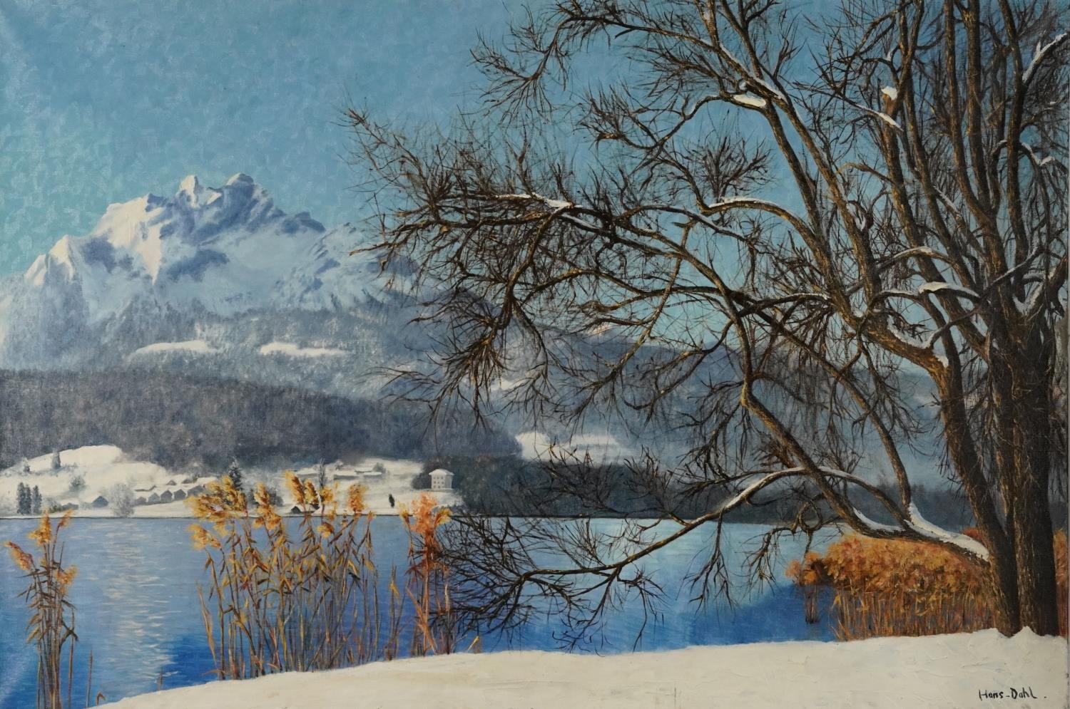 Manner of Hans Dahl - Mountainous winter landscape with lake, oil on canvas, unframed, 100cm x 65cm