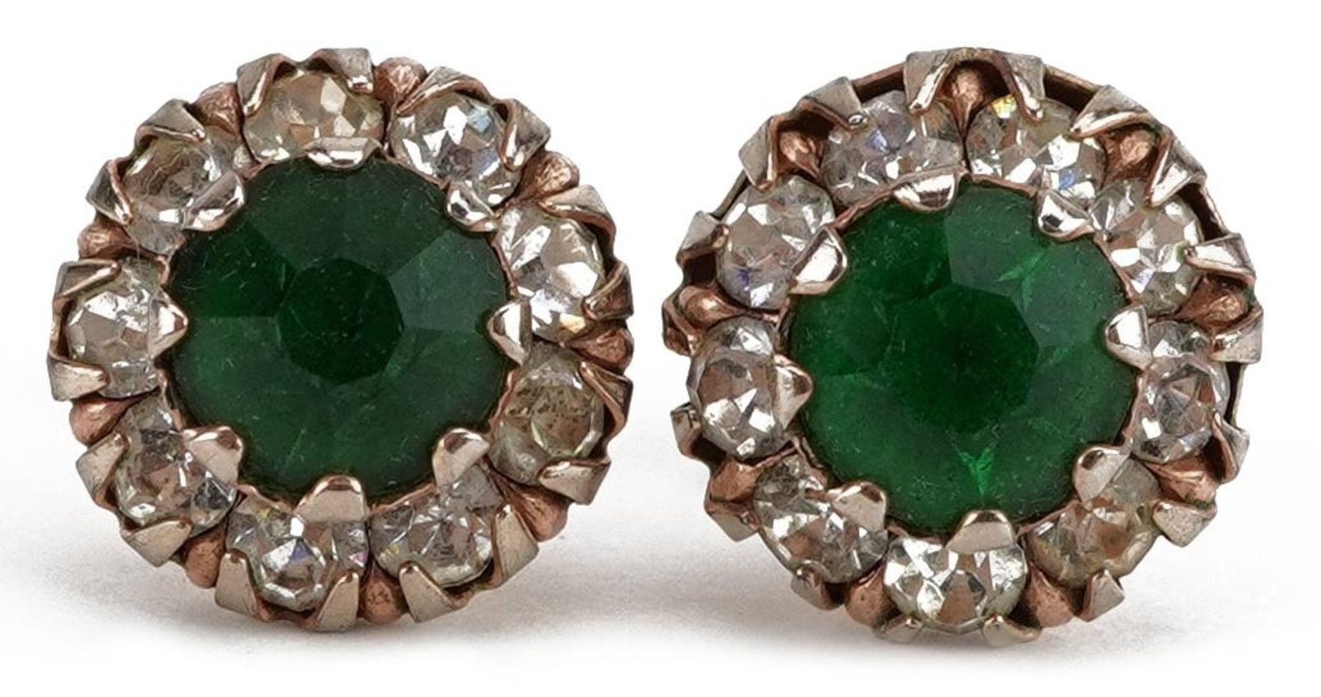 Pair of Antique yellow metal green and clear glass cluster stud earrings housed in a velvet box, 1.