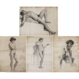 Full length studies of nude males, four 19th century pencil and charcoals on paper, unframed, the