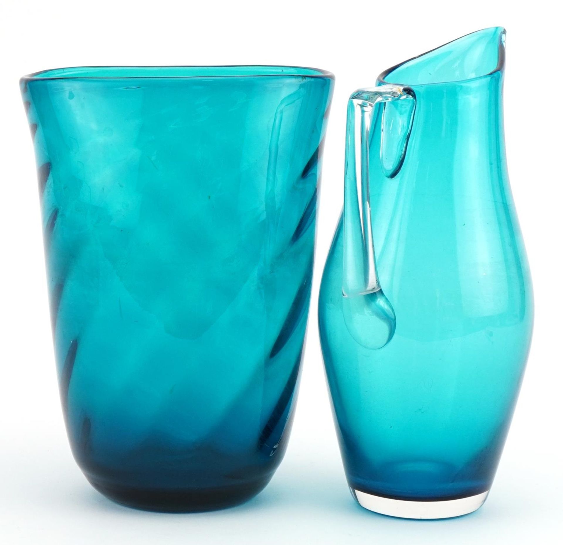 Whitefriars aqua blue glass jug and writhen vase, the largest 22cm high - Image 2 of 3