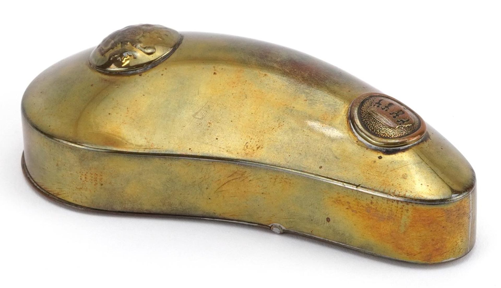 19th century military interest brass epaulette and button design snuff box, 12.5cm wide