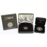 Three silver medallions with fitted cases comprising Rugby World Cup Supporters medal, Pan World