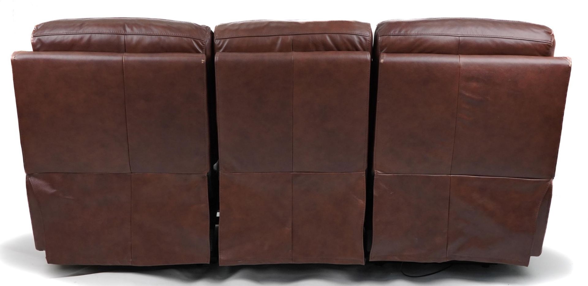 Contemporary brown leather three seater electric reclining sofa with USB charger ports, 205cm in - Image 3 of 3