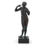 Verdigris bronzed style statuette of Venus raised on a square ebonised base, 28.5cm high