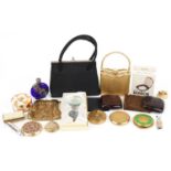 Vintage and later vanity items including compacts, evening bags and scent bottle with white metal