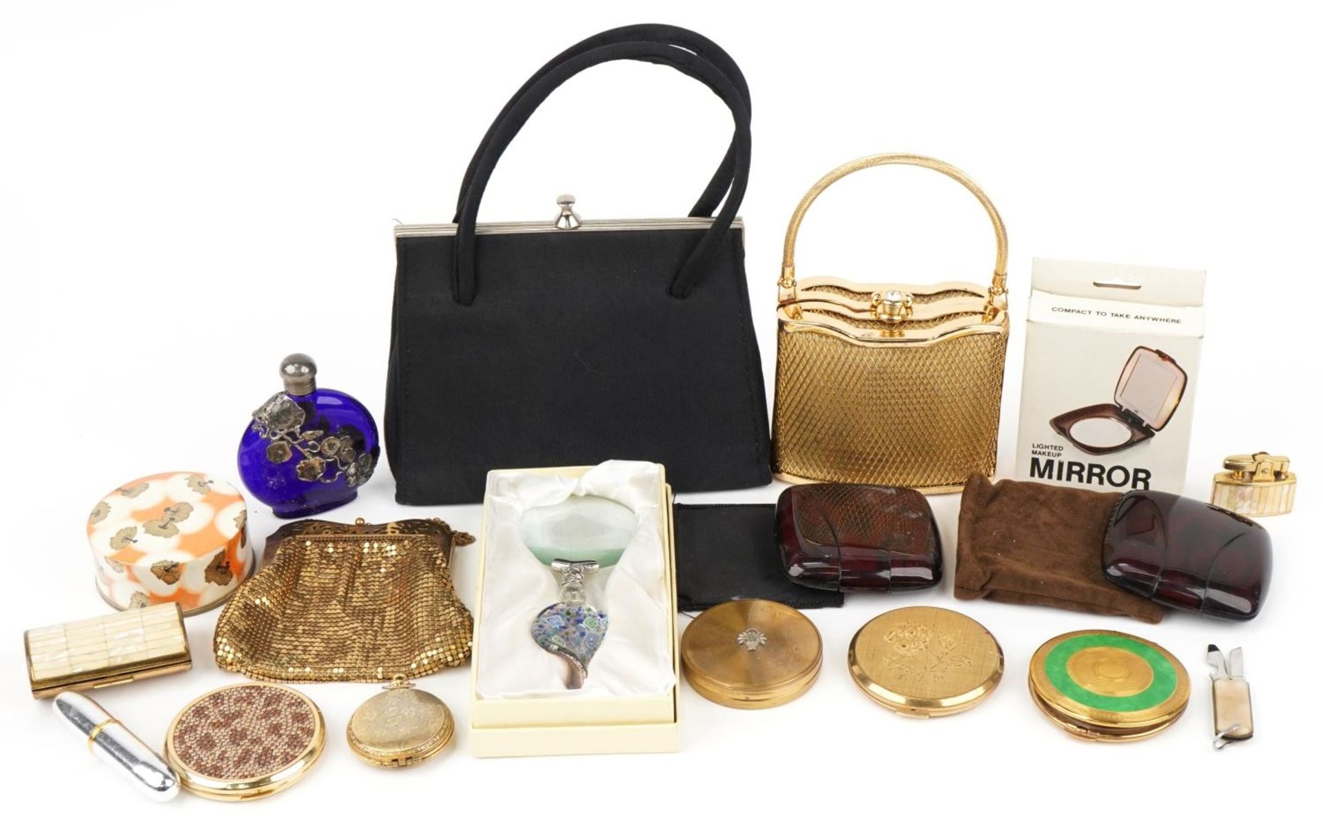 Vintage and later vanity items including compacts, evening bags and scent bottle with white metal