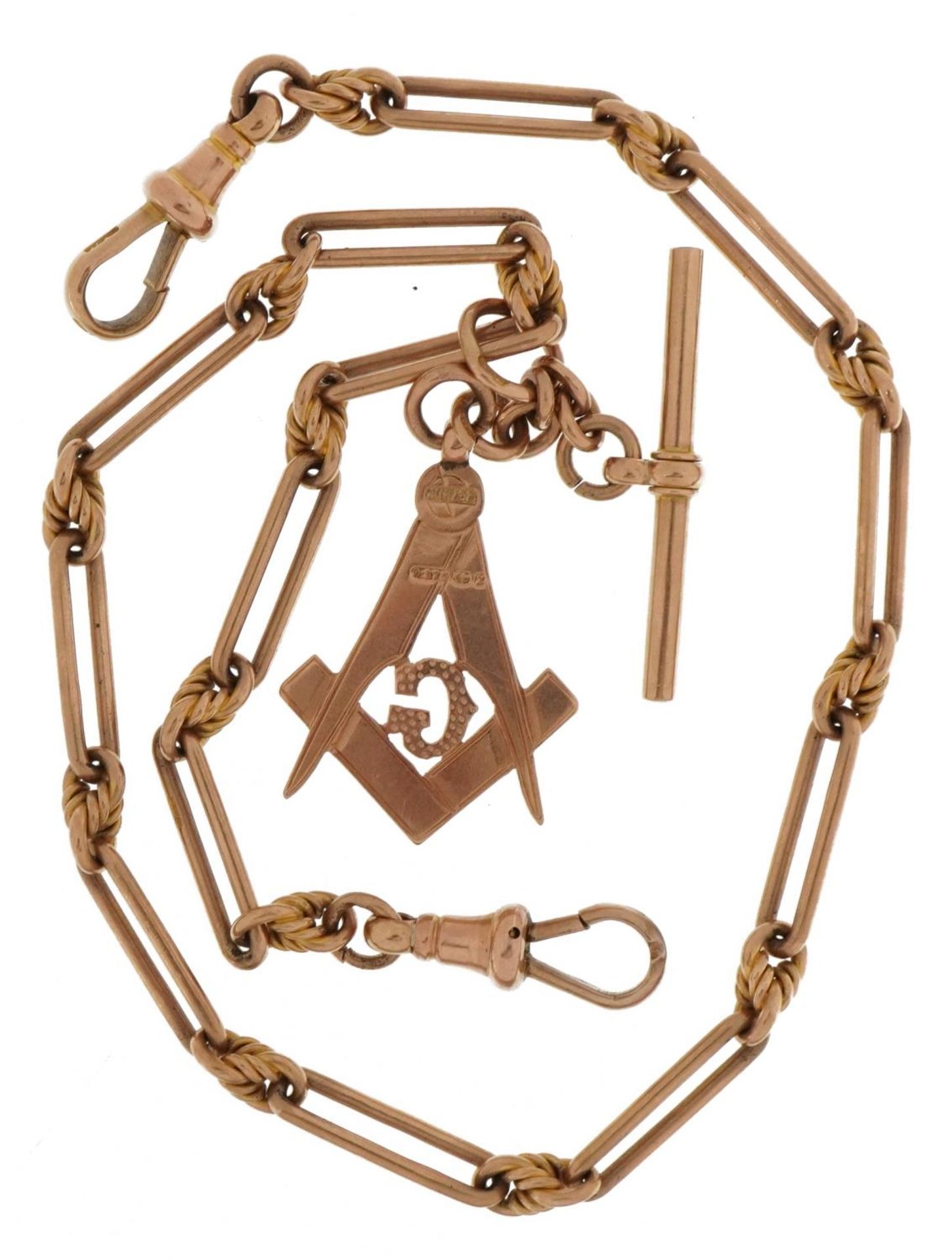 9ct rose gold watch chain with masonic charm, T bar and dog clips, 38cm in length, 32.3g - Bild 3 aus 4