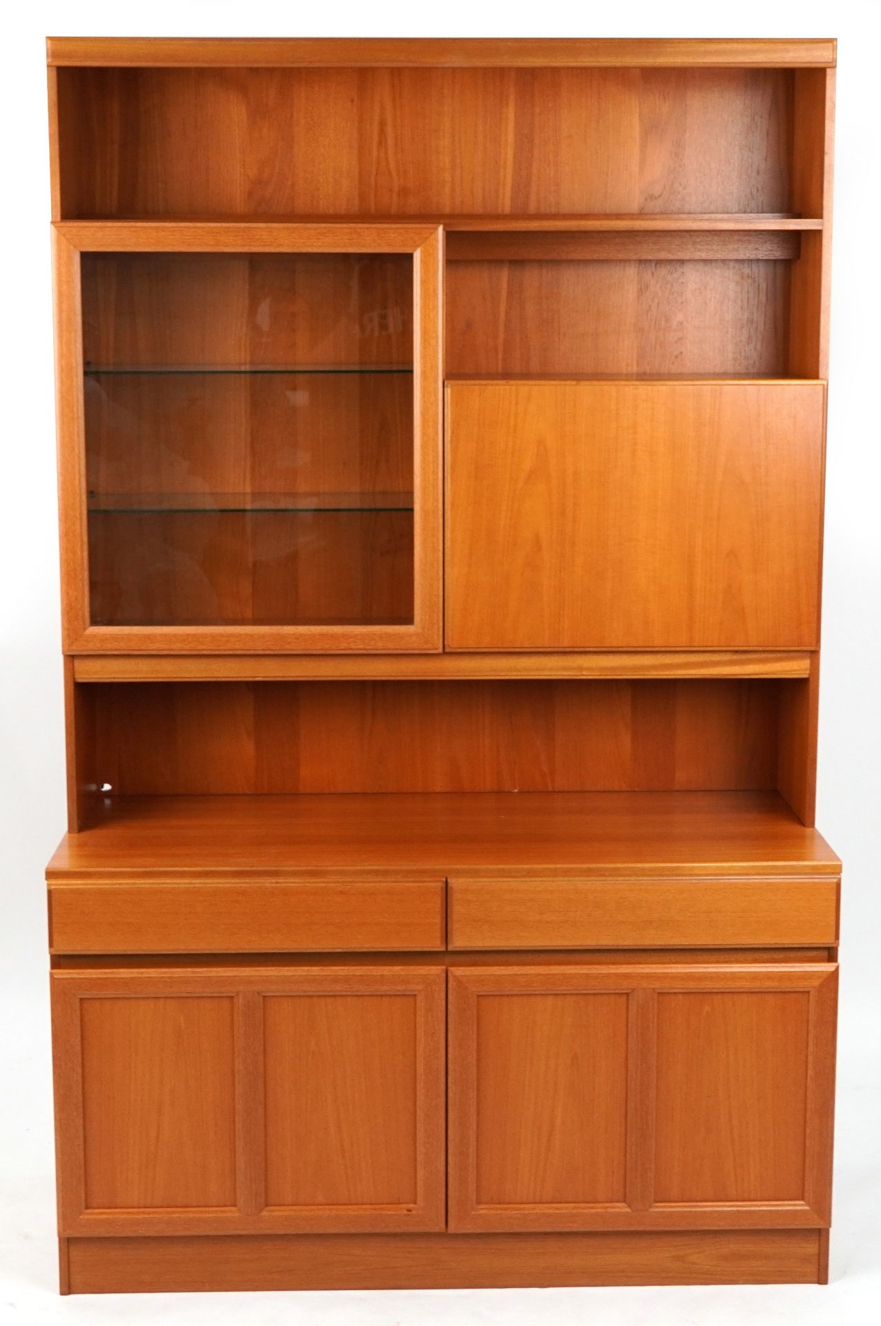 McIntosh, Mid century Scottish teak wall unit with glazed door and drinks cabinet above two