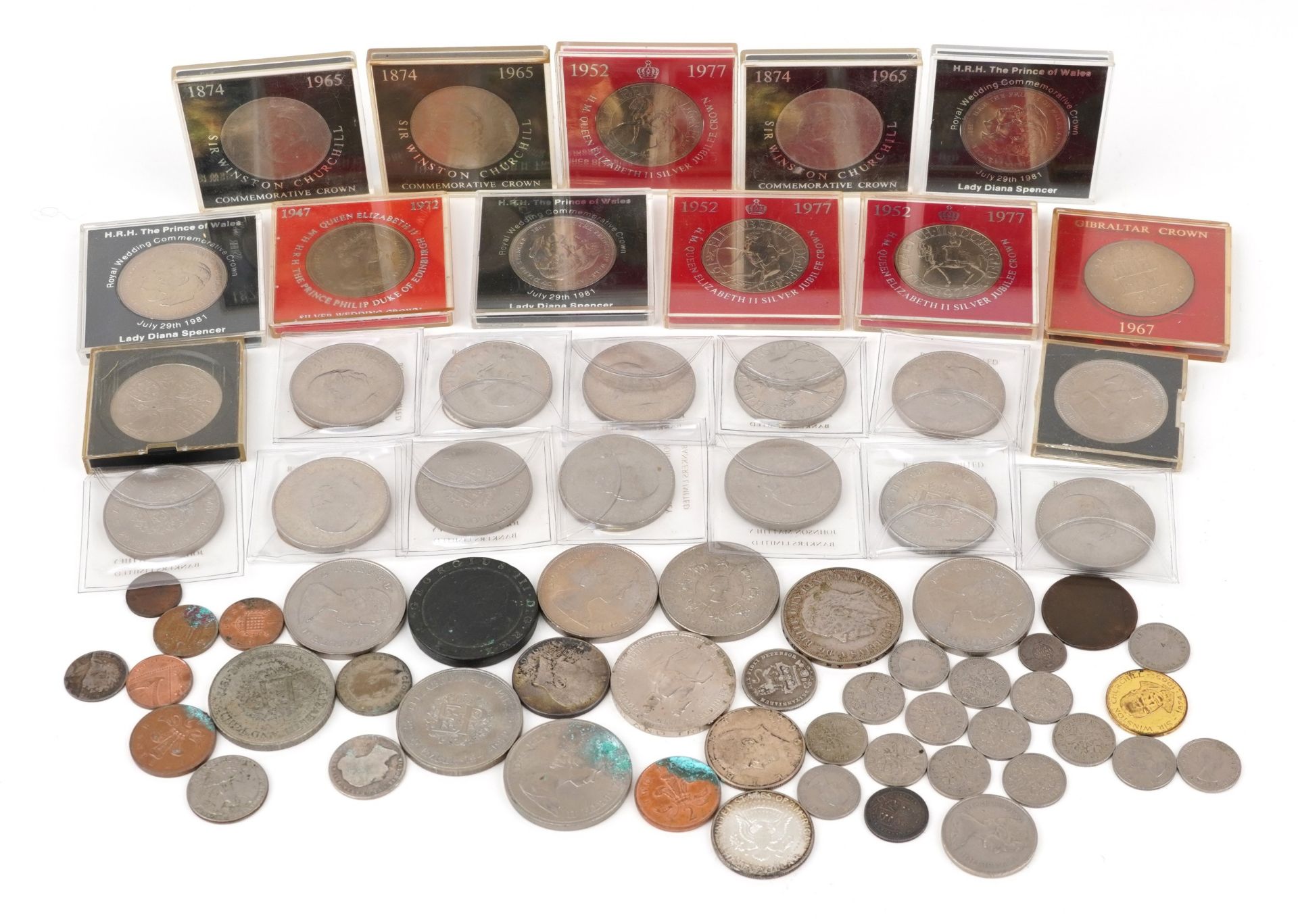 Antique and later British and world coins, some silver including 1935 Rocking Horse crown,