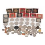 Antique and later British and world coins, some silver including 1935 Rocking Horse crown,