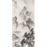 Chinese wall hanging scroll hand painted with a mountainous landscape, 68cm x 32cm