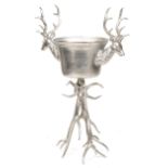 Brutalist style silvered metal floor standing ice bucket with two stag's heads, 105cm high x 70cm