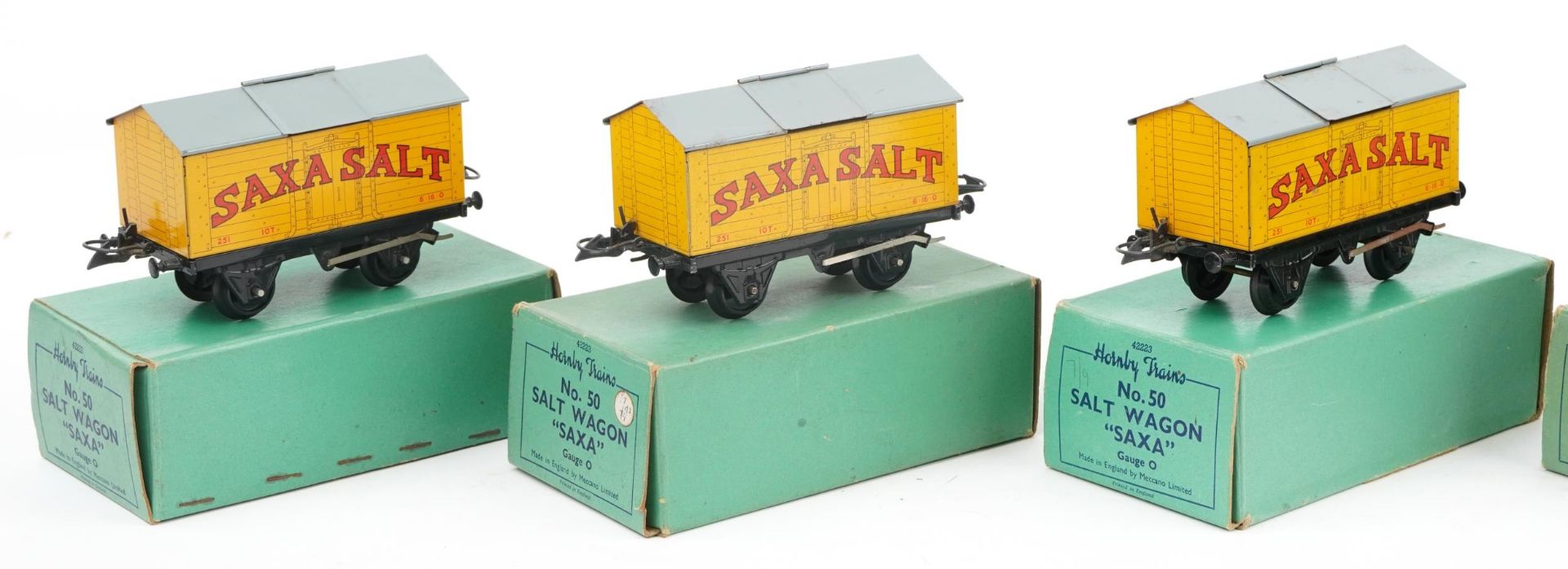Six Hornby O gauge tinplate model railway no 50 Saxa salt wagons with boxes - Image 2 of 5