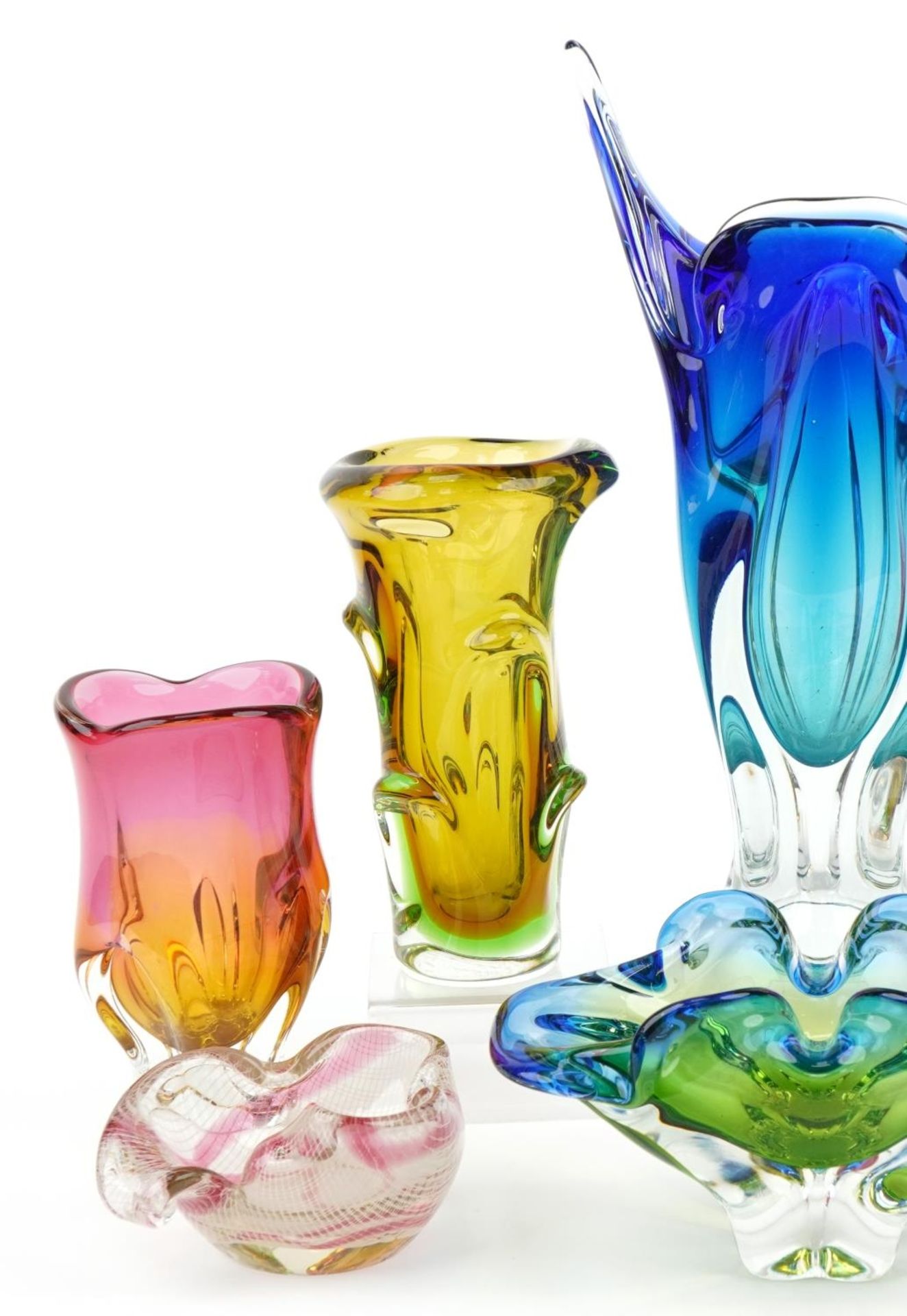 Czechoslovakian art glassware including Seguso style two colour glass vases, the largest 38cm high - Image 3 of 6