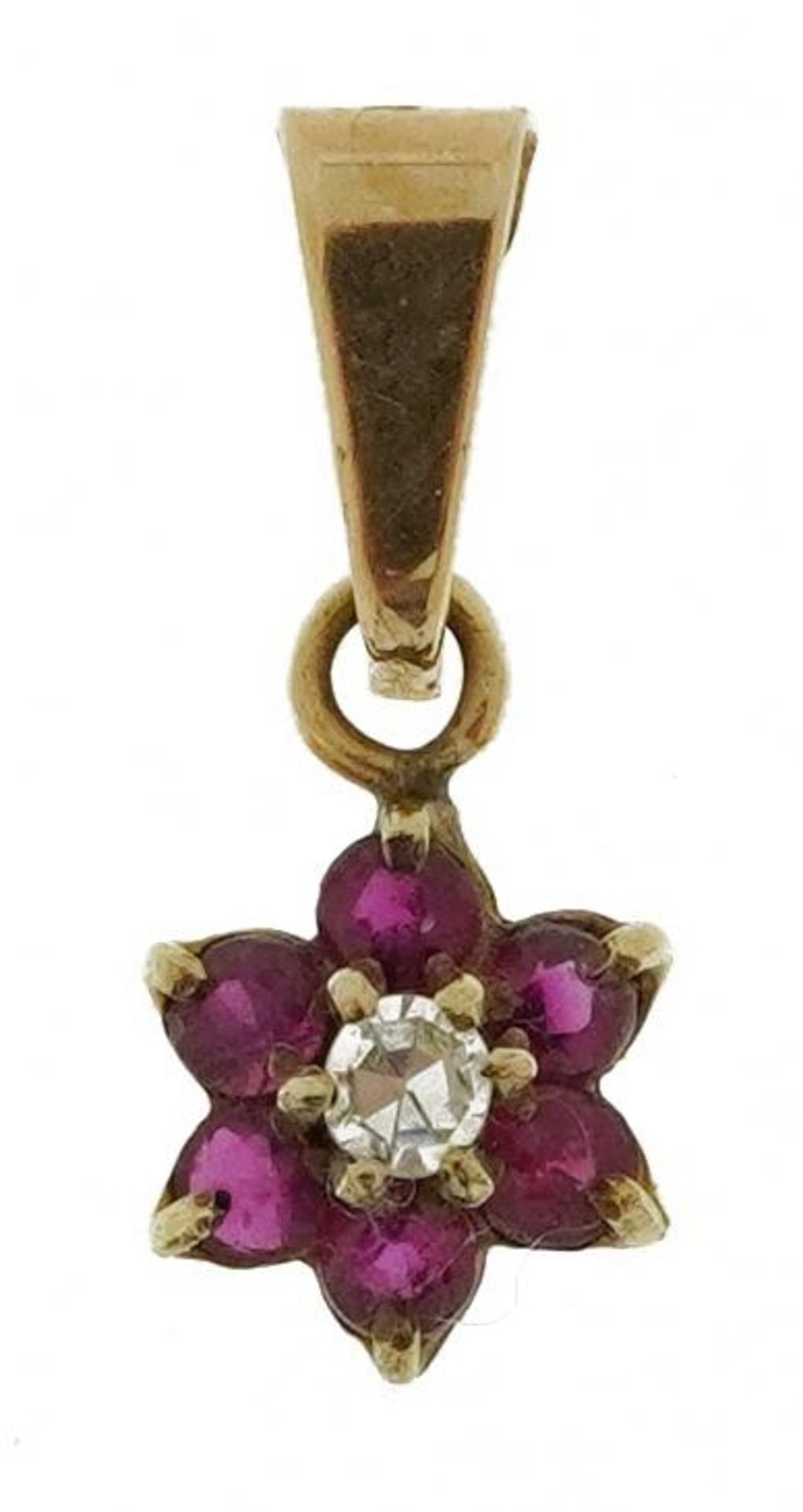 Unmarked gold diamond and ruby flower head pendant, 1.4cm high, 0.3g