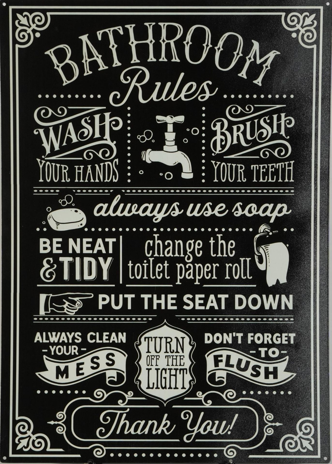 Reproduction Bathroom Rules tin sign, 70cm x 50cm