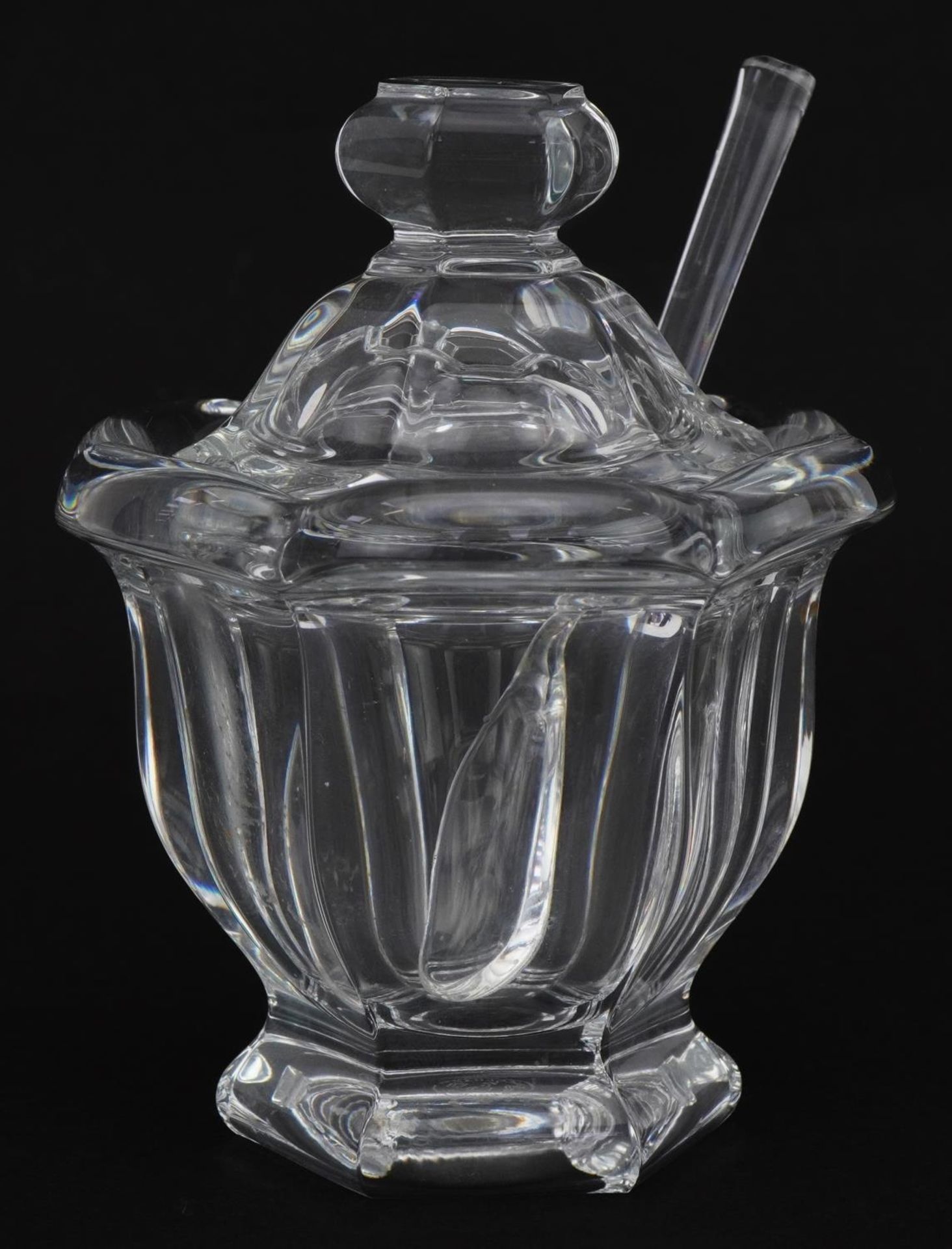 Baccarat, French crystal sauce lidded preserve pot with spoon, 11.5cm high