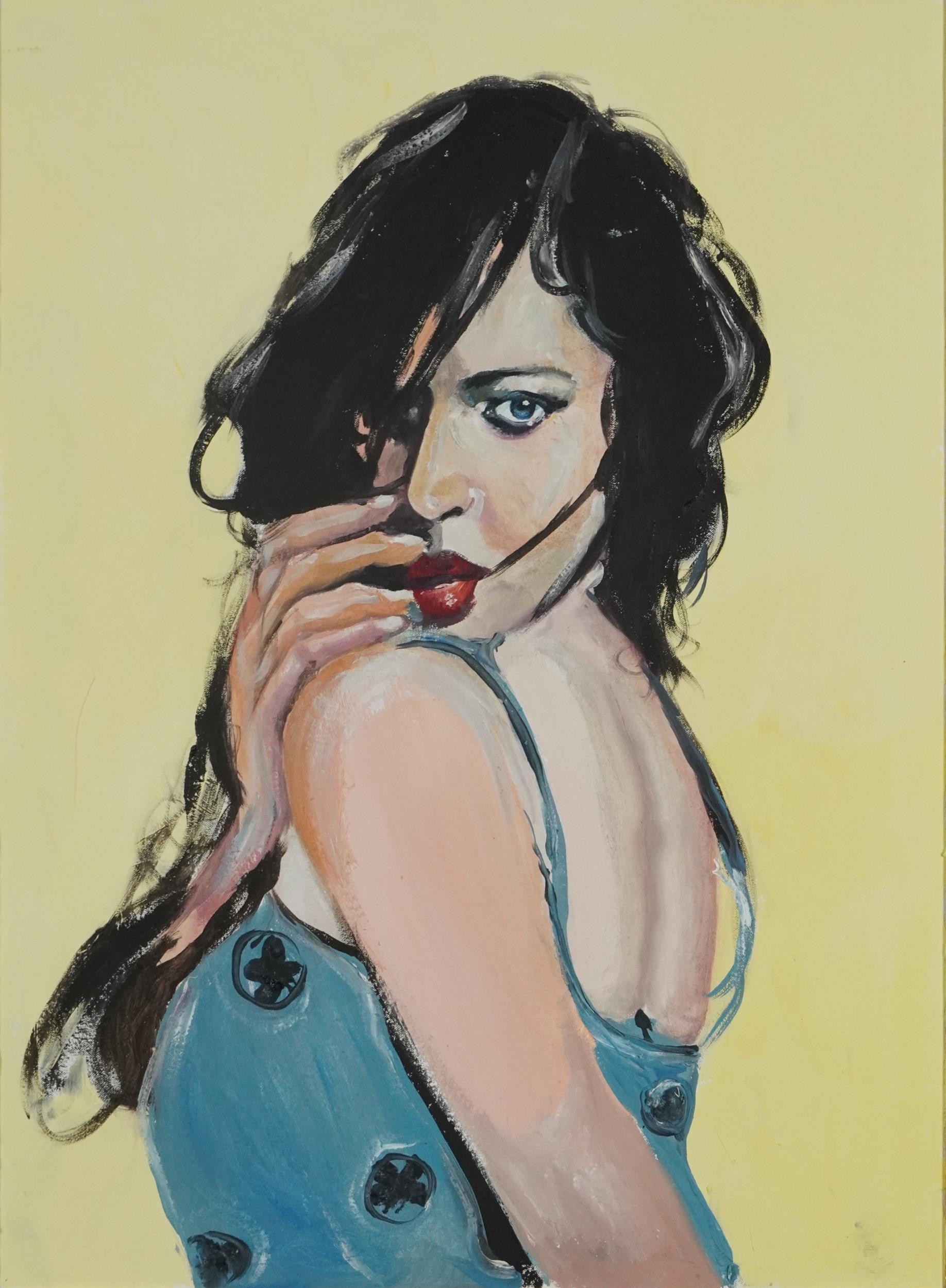 Clive Fredriksson - Portrait of a female wearing a blue dress, oil on board, framed, 60cm x 45cm