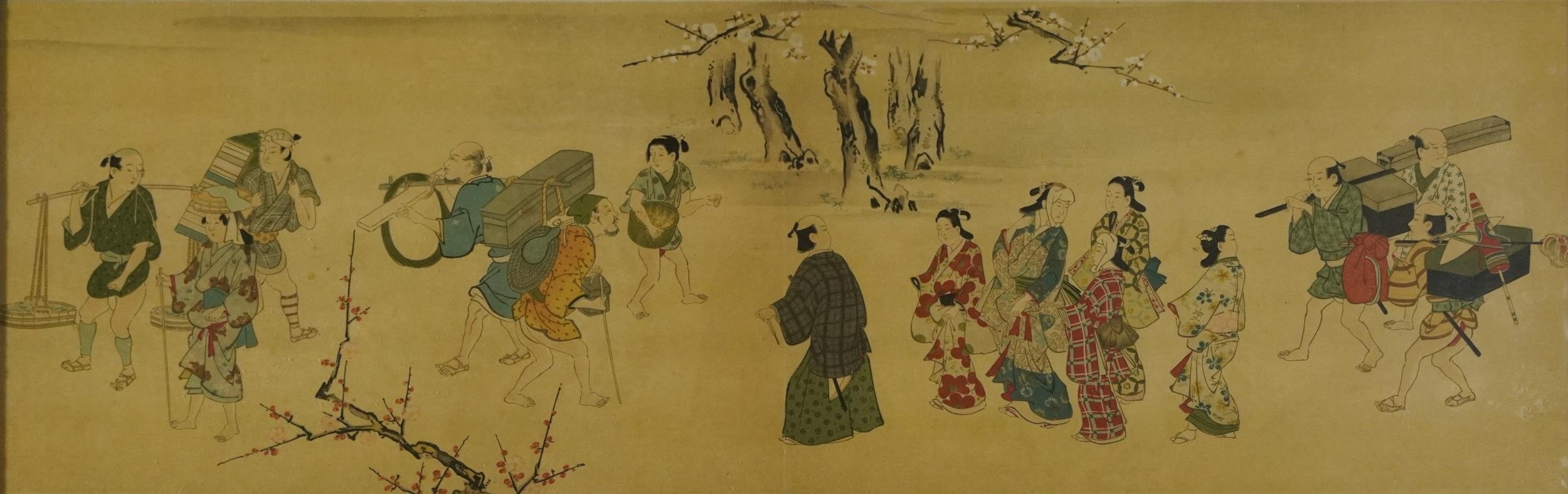 Figures and blossom trees, Chinese watercolour on silk, glazed, housed in a bamboo design frame,
