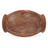 Art Nouveau copper tray engraved with stylized flowers, 51cm wide