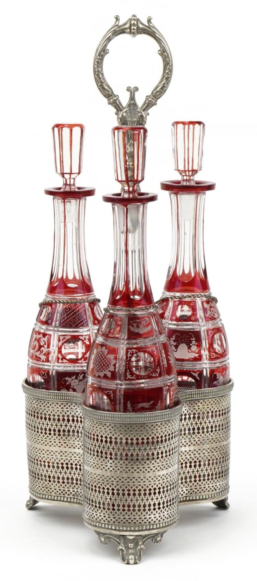 19th century silver plated three bottle tantalus housing three Bohemian ruby flashed cut glass - Image 4 of 6