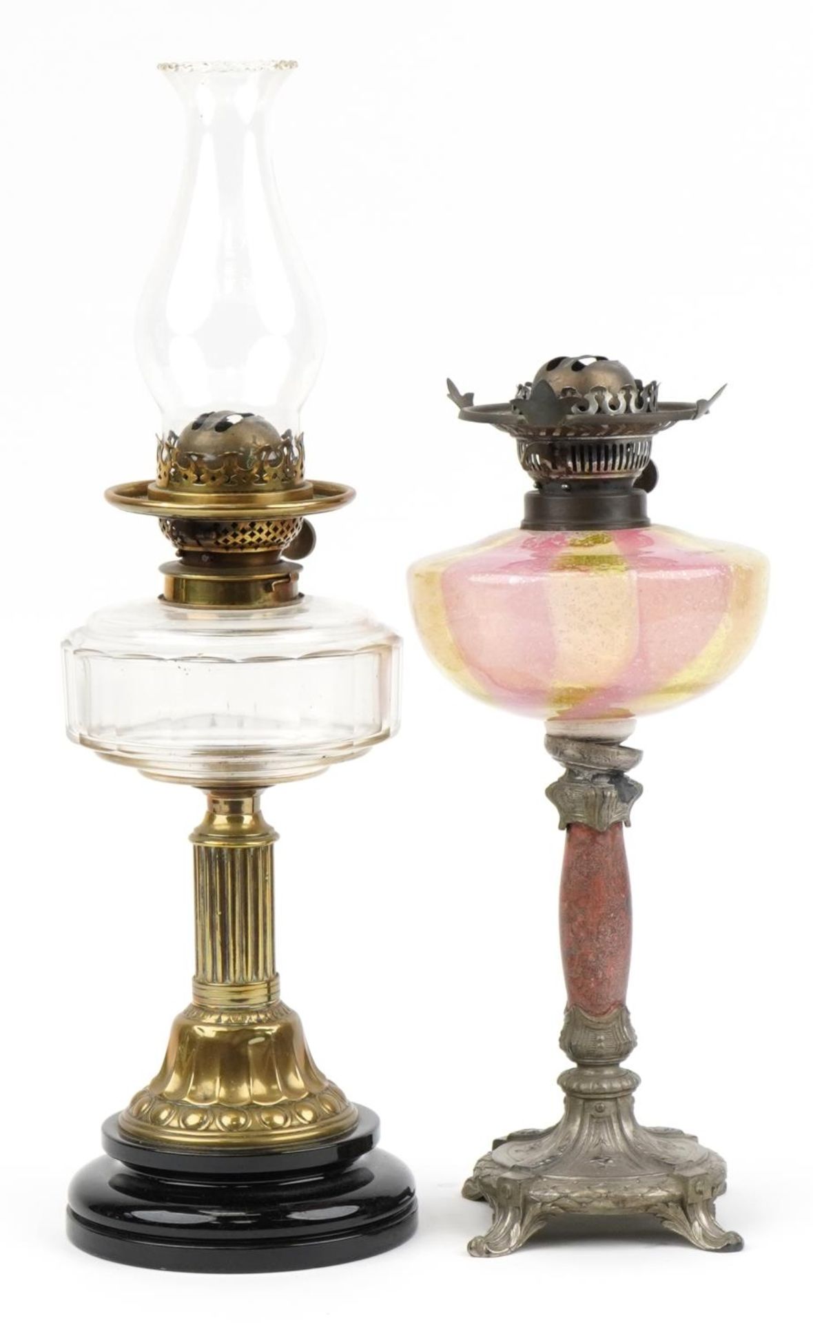 Victorian oil lamp with reeded brass column and an Art Nouveau style example - Image 4 of 5