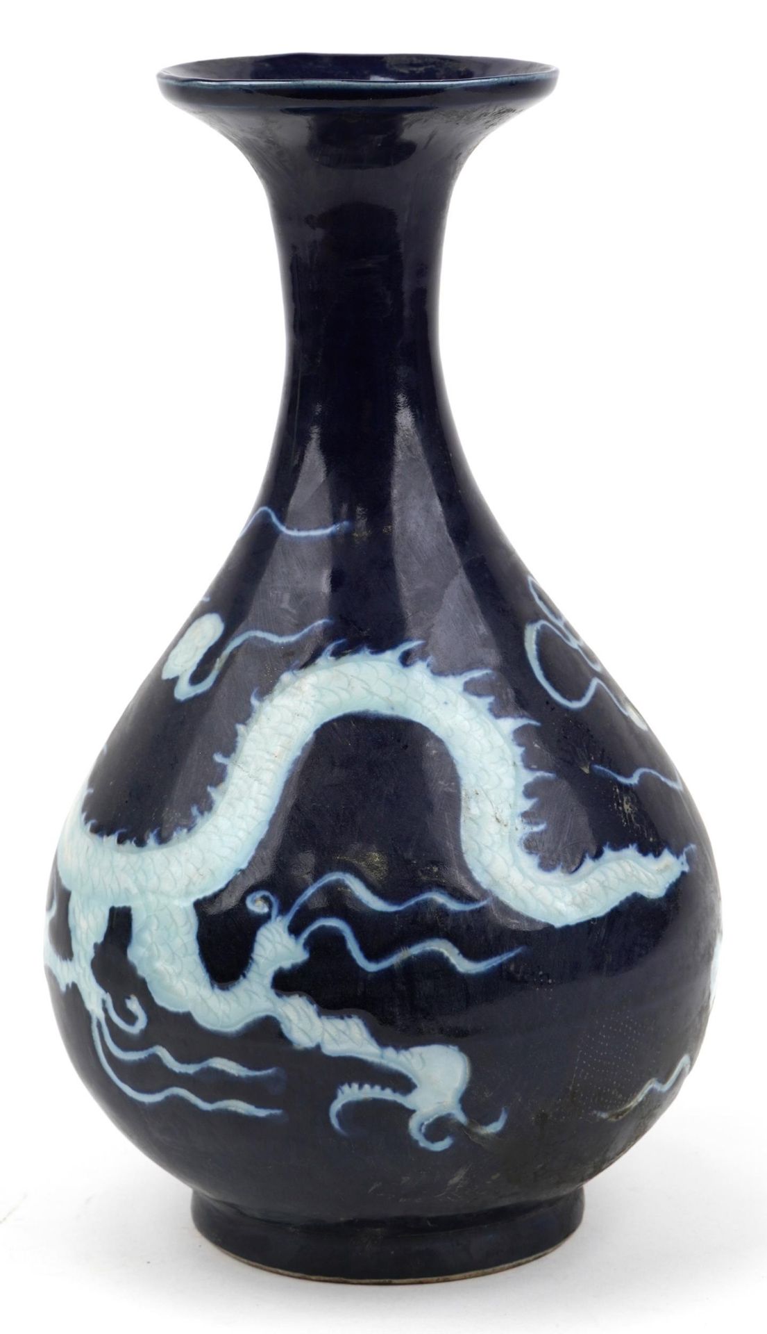 Chinese porcelain vase having a blue glaze decorated in low relief with a dragon chasing the flaming - Image 3 of 7