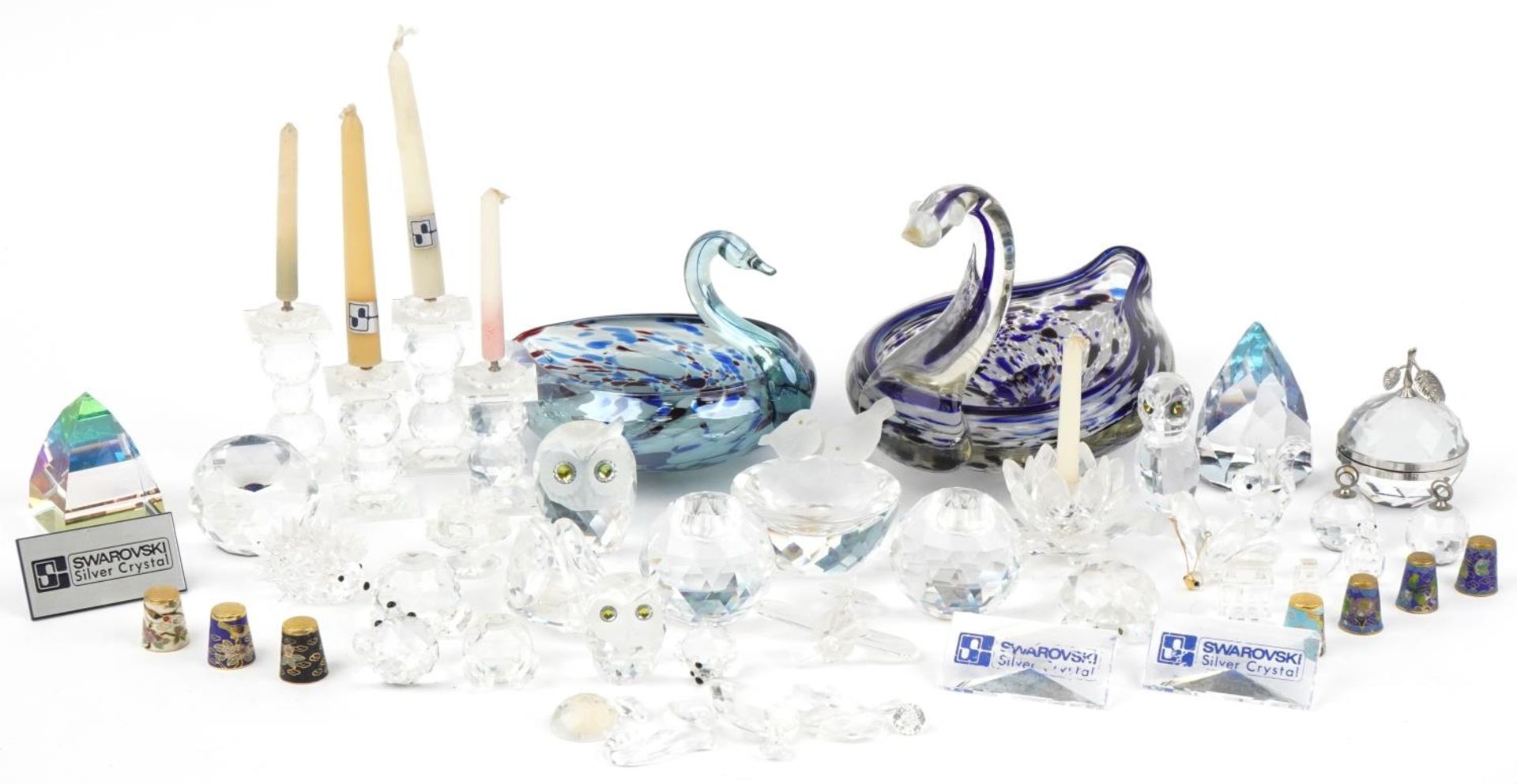 Glassware including Swarovski crystal animals, candlesticks and two Murano style ducks, the