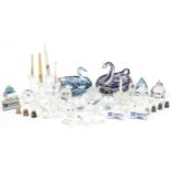 Glassware including Swarovski crystal animals, candlesticks and two Murano style ducks, the