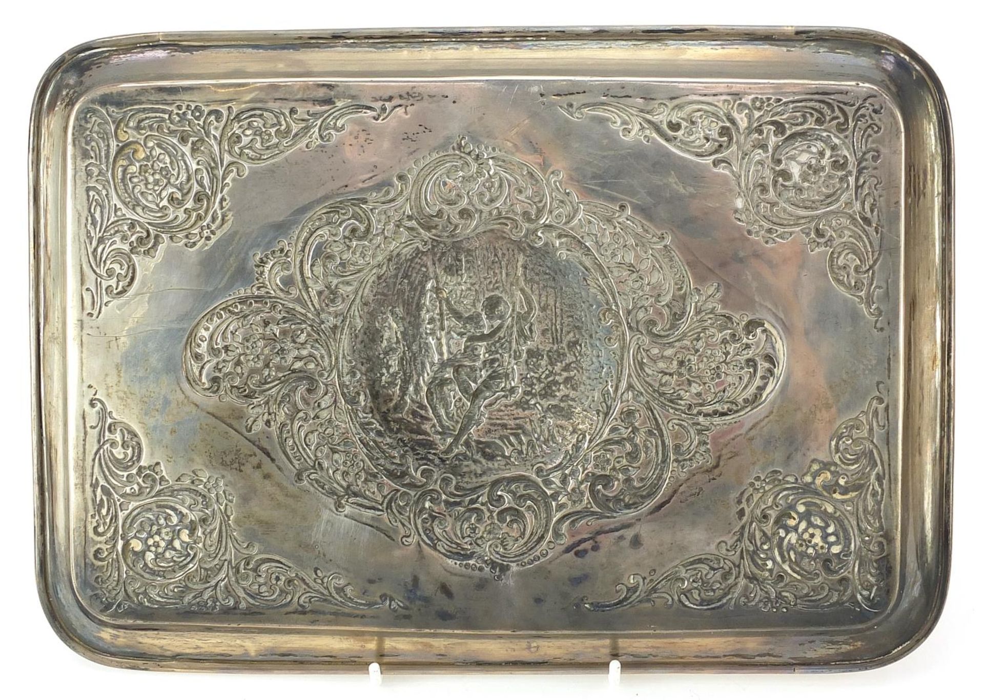 Henry Matthews, Art Nouveau rectangular silver tray embossed with a courting couple on a swing, - Image 3 of 3