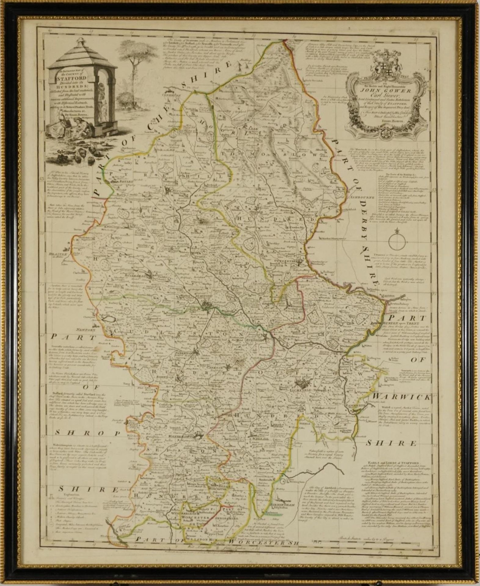An Improved Map of the County of Stafford, hand coloured antique map by Emmanuel Bowen, The Graves - Image 2 of 5