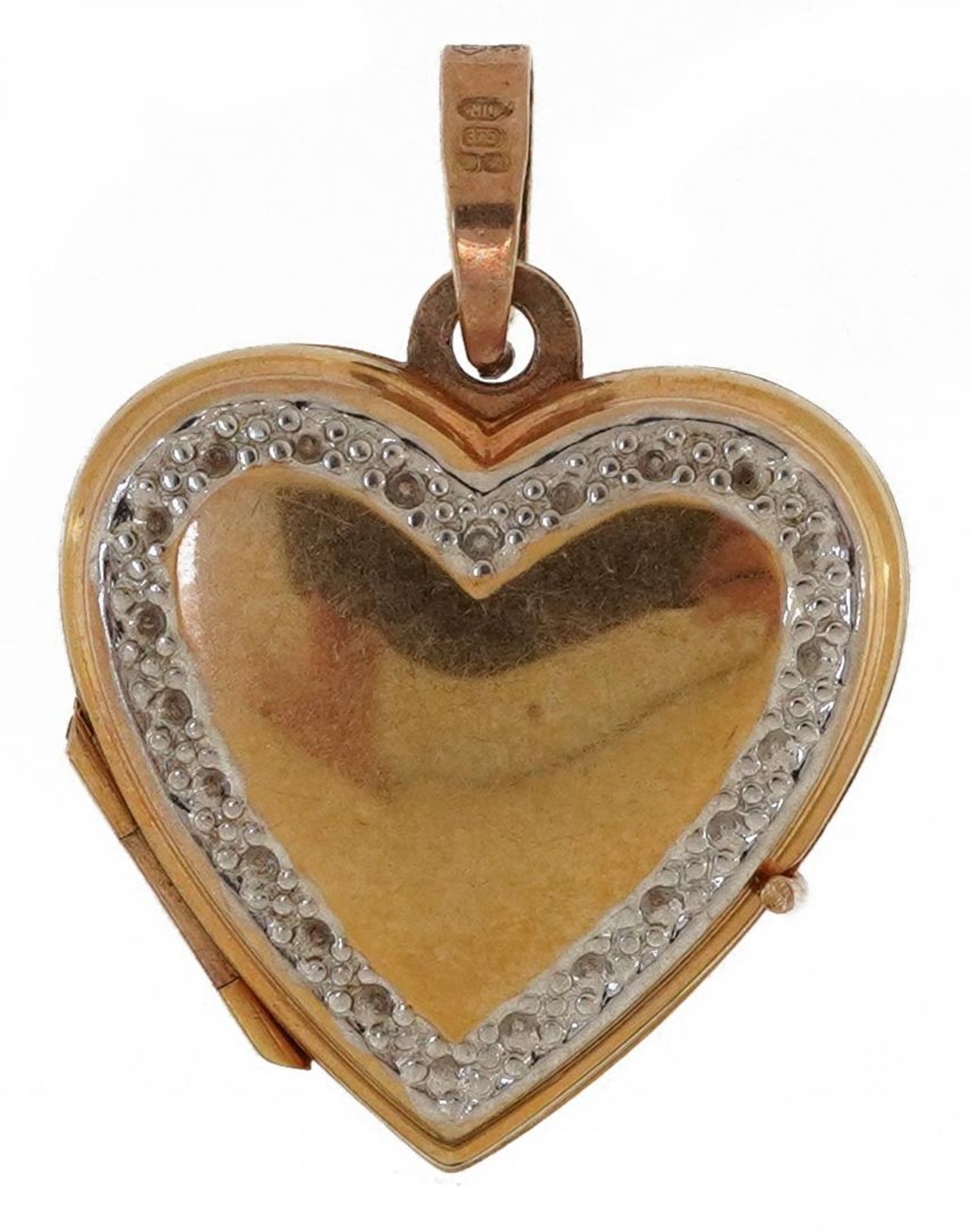 9ct two tone gold love heart locket, 2.5cm high, 1.9g