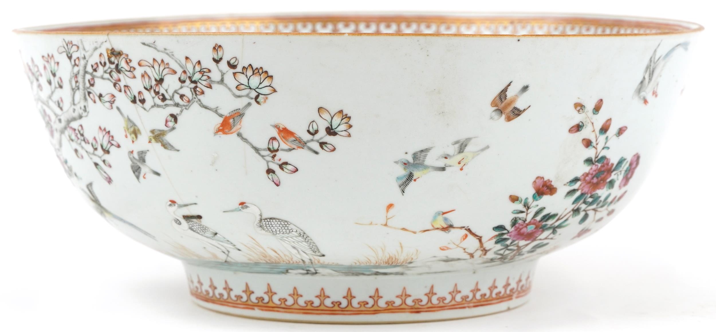 Chinese Mandarin porcelain punch bowl hand painted in the famille rose palette with birds of - Image 3 of 6