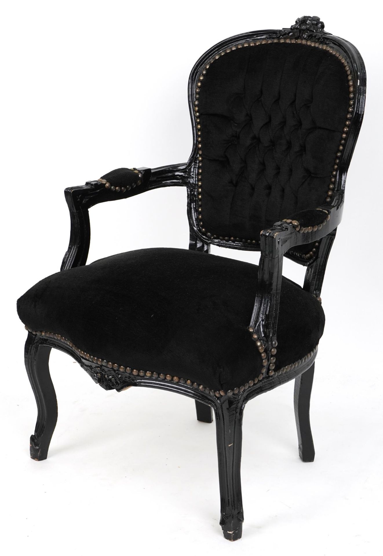 French style black painted elbow chair with button back upholstery, 92cm high