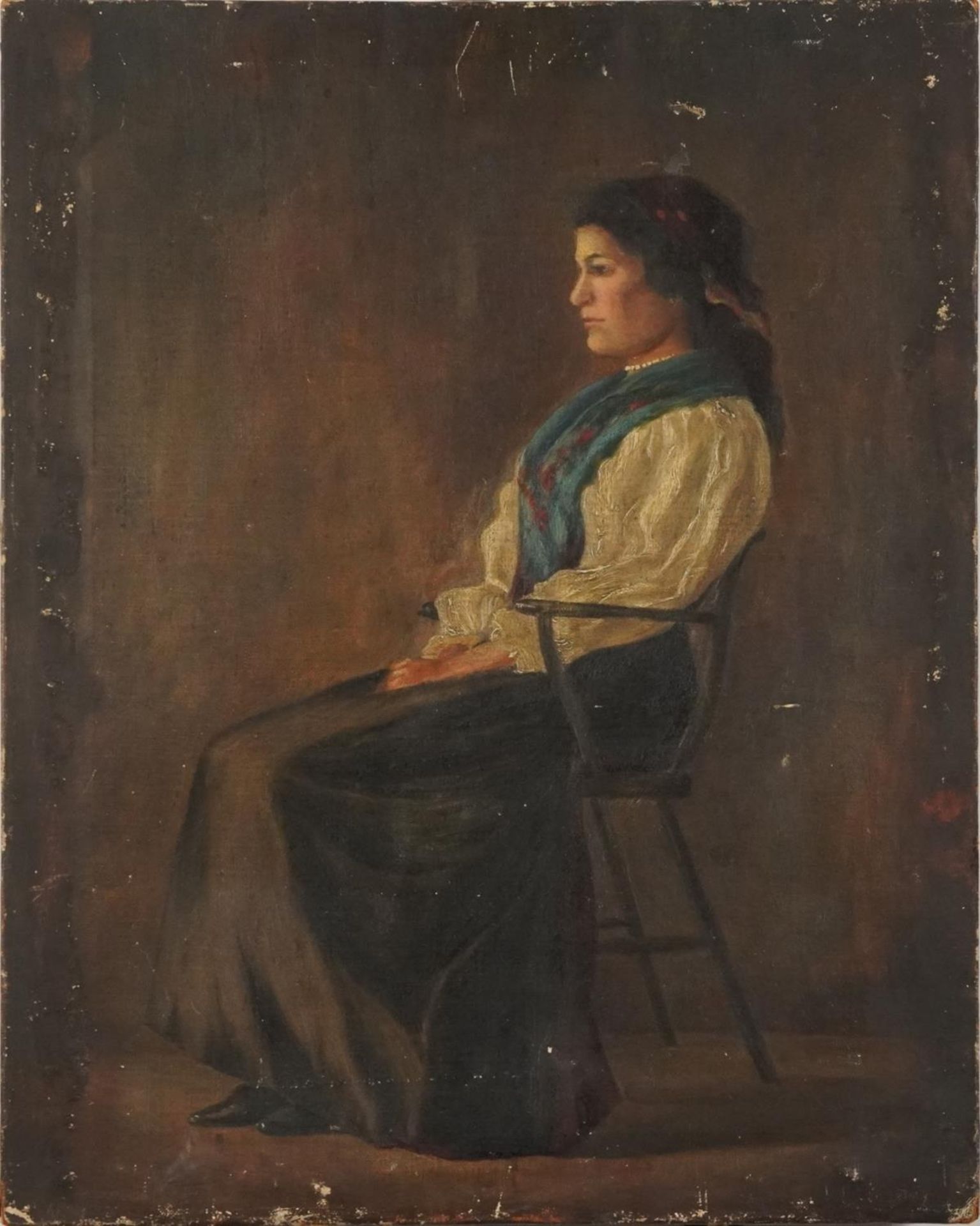 Full length portrait of a seated female wearing a headscarf, oil on canvas, G Rowney & Co London