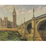 Ernest Knight - Westminster Bridge and Big Ben, 1970s Modern British oil on canvas, details and