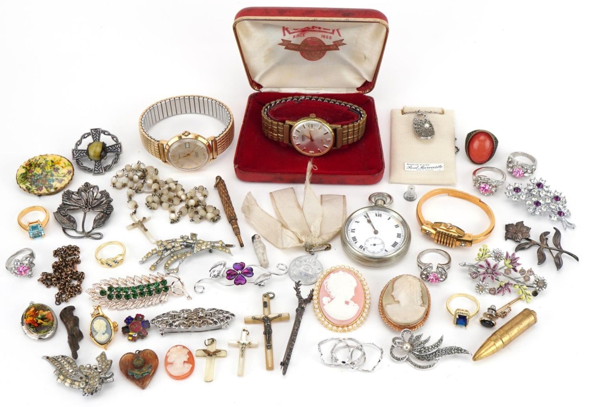 Vintage and later costume jewellery and wristwatches including brooches, rings and rosary beads