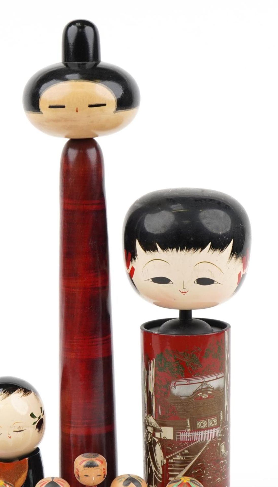 Nine Japanese wooden and lacquered Kokeshi dolls, the largest 48cm high - Image 3 of 6
